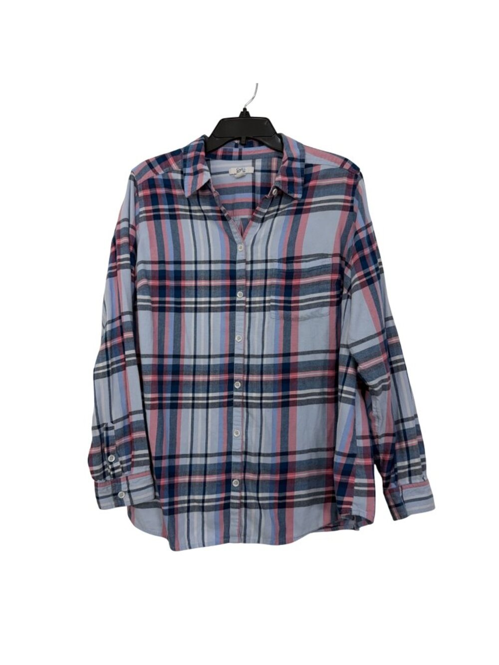 Croft & Barrow Womens 1X Plaid Flannel Button-Down Shirt Pink & Blue 100% Cotton